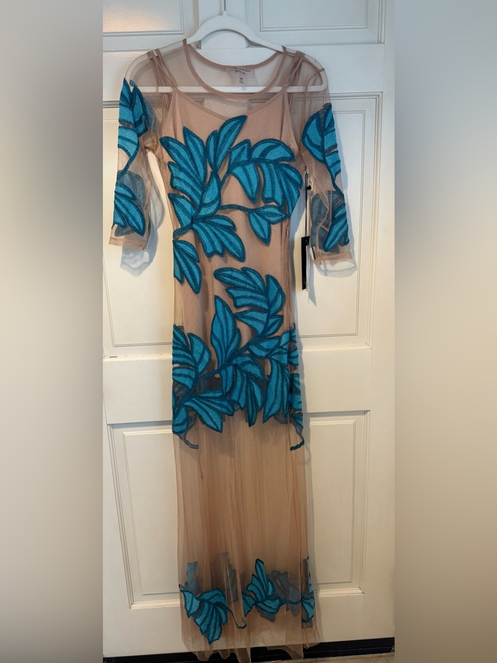 RARE For Love And Lemons Nude Maxi Dress with Teal Leaf Embroidery